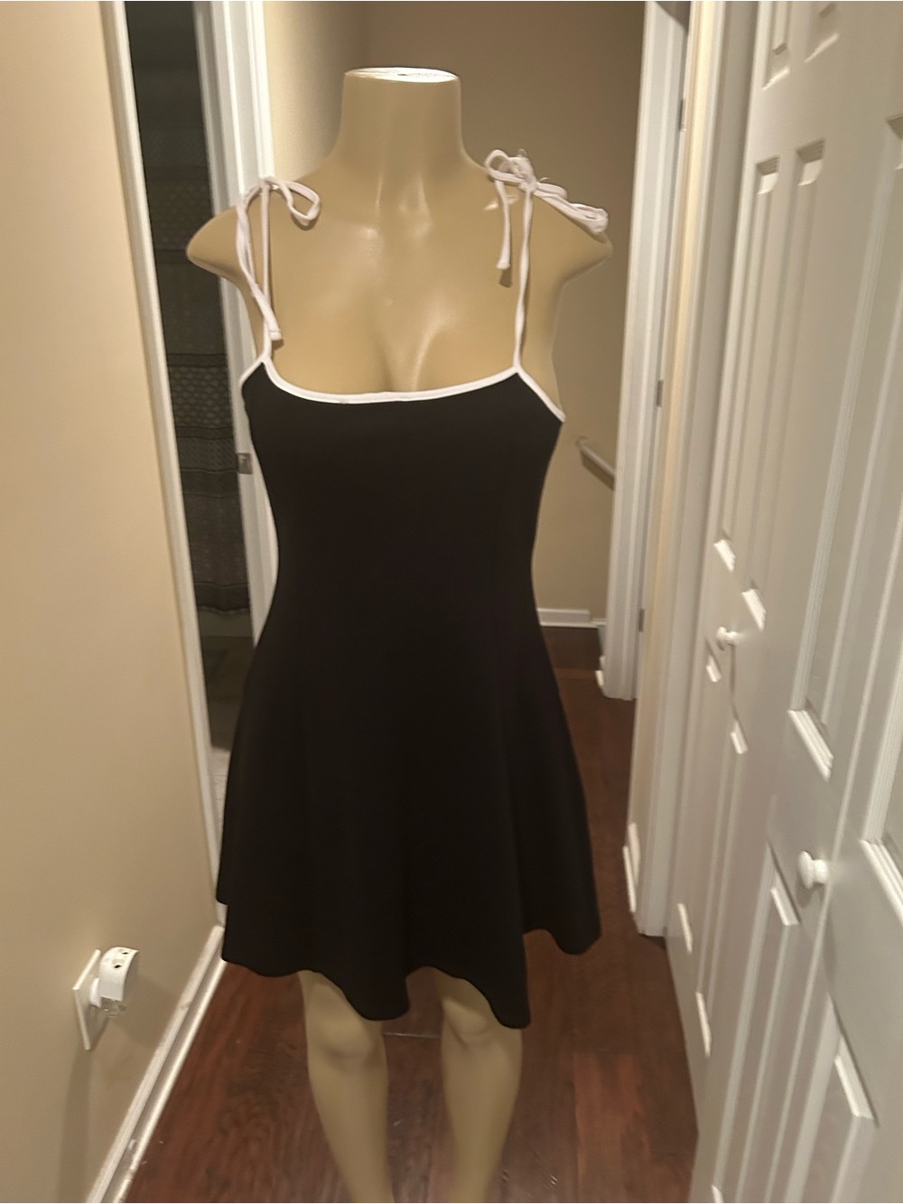 Black Tie-Shoulder A-Line Mini Dress with White Trim